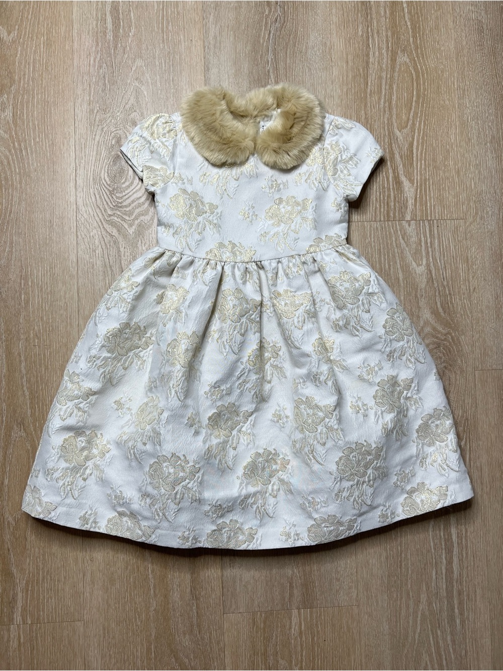 Janie & Jack Ivory Faux Fur Collared Jacquard Holiday Dress, Girls 7